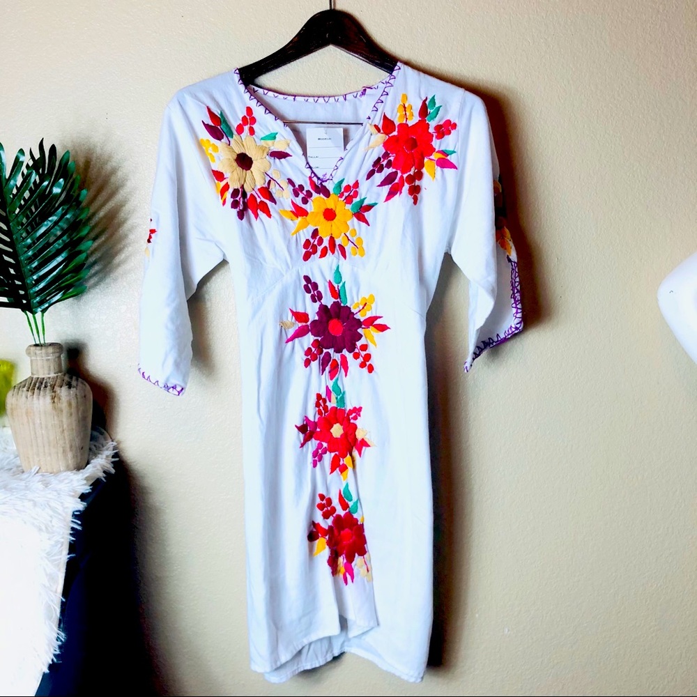 Mexican Embroidered White Floral Dress New